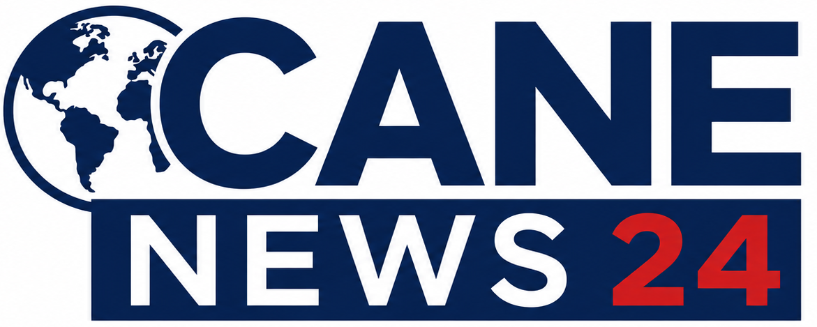 CANE NEWS24 logo in bold navy sans-serif lettering, featuring a simplified globe icon beside “CANE” and a navy banner containing “NEWS” in white and “24” in red, representing global and breaking news.