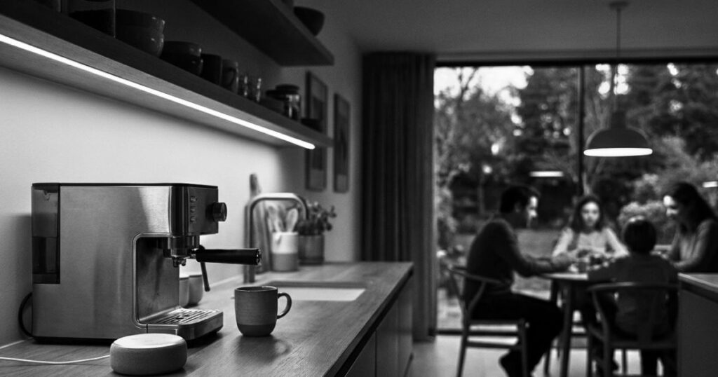 Smart speaker on a kitchen counter with a family in the background at dinner time