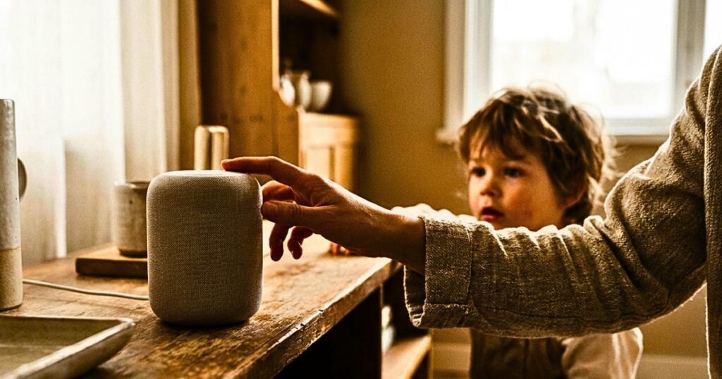 Hand reaching toward a smart home speaker while a child watches nearby