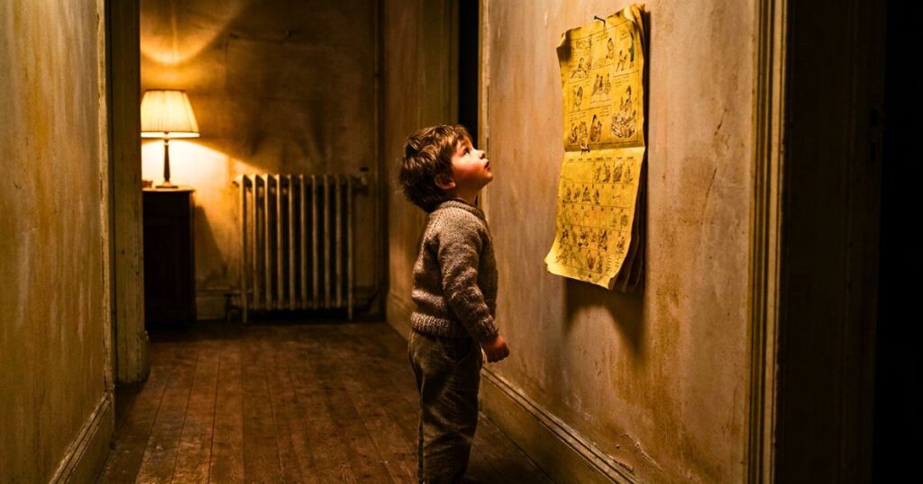 Child looking at an old paper wall calendar in a hallway