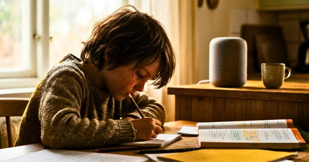 Child doing homework at a kitchen table near a smart home speaker