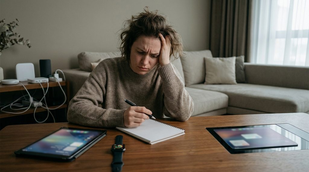Person managing multiple digital devices during an everyday task