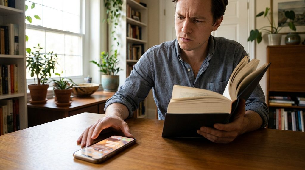 Person reading a book while a smartphone interrupts their attention