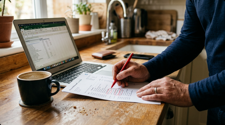 Man's hand circling recurring charges in red pen on a printed bank statement next to an open laptop and a cup of coffee on a kitchen counter