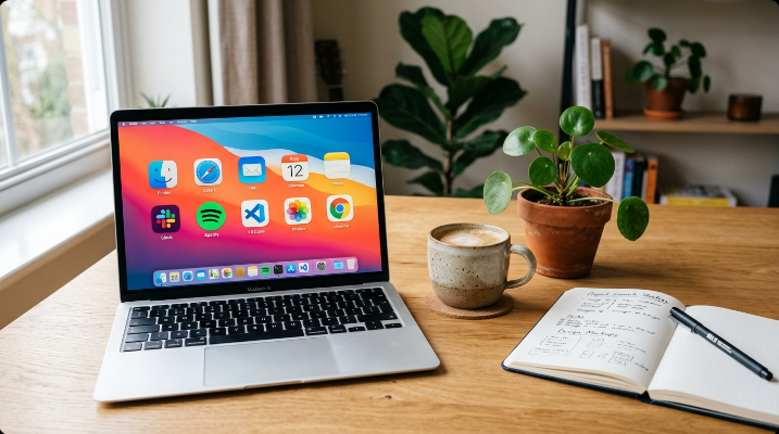 Laptop showing colorful app icons next to a coffee mug, potted plant, and open notebook on a wooden desk, symbolizing a personal software subscription audit