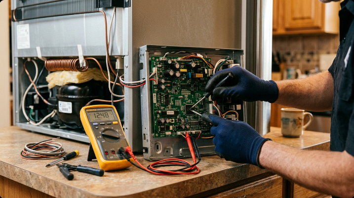 Refrigerator's internal circuit board being examined during a repair with a multimeter on a kitchen counter