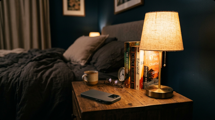 Smartphone lying face-down on a nightstand next to a stack of books and a warm reading lamp at night