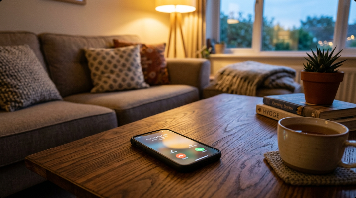 Smartphone screen lit up with an incoming call on a wooden coffee table in a cozy living room