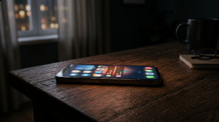 Smartphone glowing with blurred colorful notification bubbles on a wooden table in a dark room