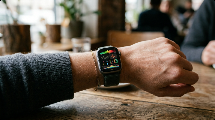 Smartwatch on a wrist displaying a heart rate and stress notification