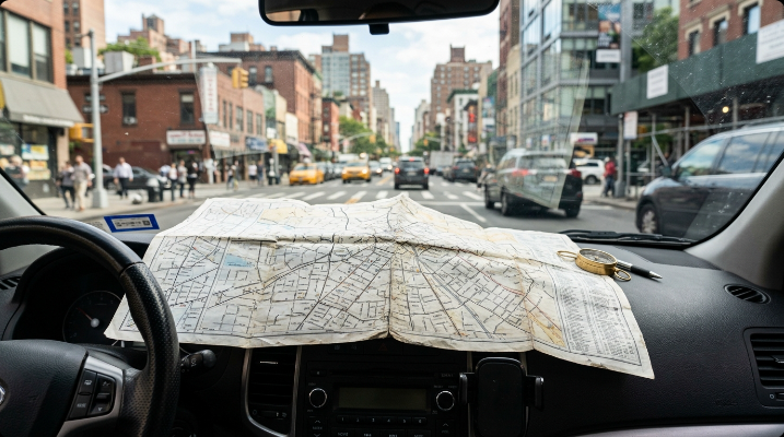 Folded paper street map spread open on a car dashboard with a city street visible through the windshield