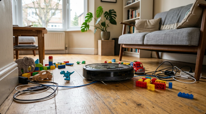 Robot vacuum cleaner navigating around scattered toys and cables on a living room floor