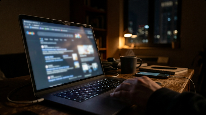 Laptop screen glowing with a blurred search interface in a dark room at night