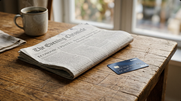 A folded printed newspaper next to a credit card on a wooden table
