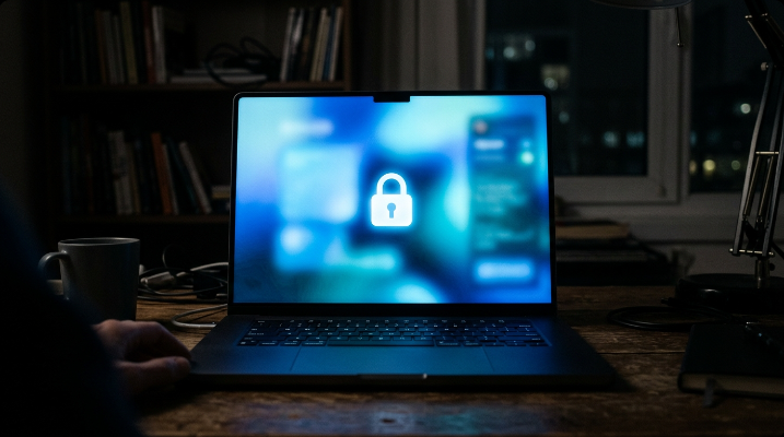 Laptop screen glowing with an abstract blurred interface and a glowing padlock icon in a dark home office