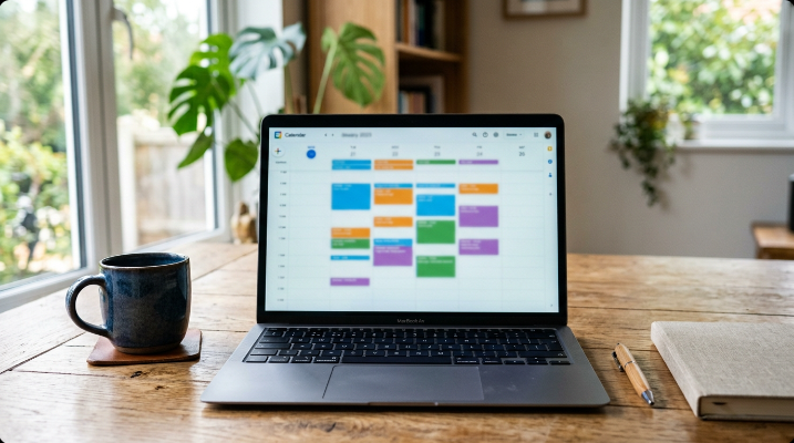 Laptop screen showing a blurred weekly calendar interface with colorful time blocks on a wooden desk