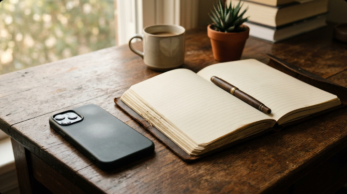 A smartphone lying face down on a desk next to an open journal and pen