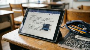 Tablet on a school desk showing a writing document with an autocomplete suggestion, pencil case beside it
