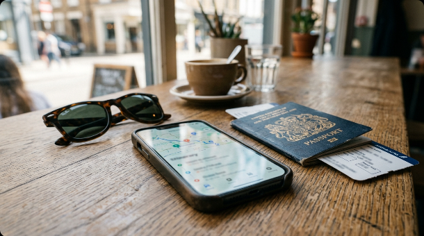 Smartphone showing a travel itinerary map next to sunglasses and a passport on a wooden table