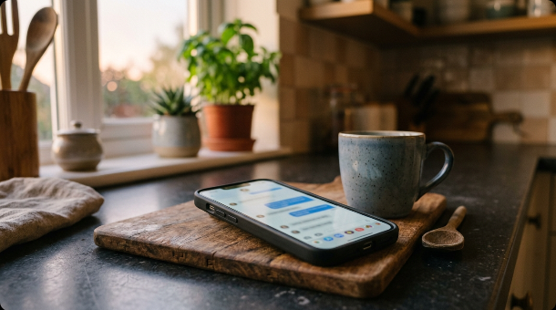 Smartphone showing a chat conversation interface on a kitchen counter at dusk