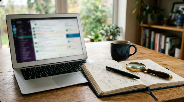 Laptop showing a blurred chat interface next to a notebook, pen, and magnifying glass on a desk