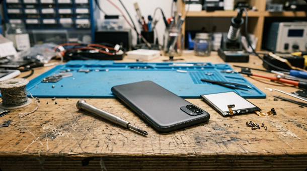 Smartphone on a repair workbench next to a screwdriver and a spare battery component