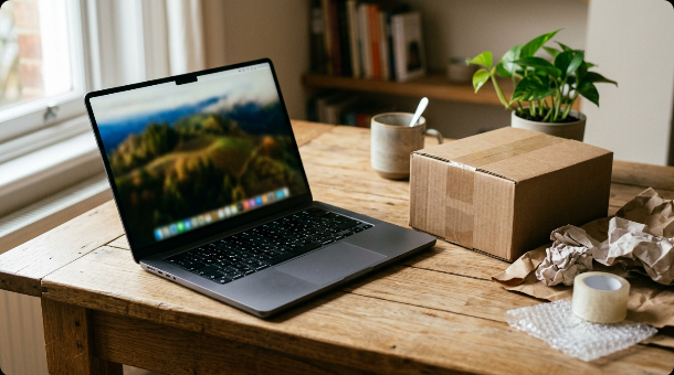 A laptop sits open on a wooden desk beside a small shipping box, representing a refurbished laptop arriving at a new owner's home