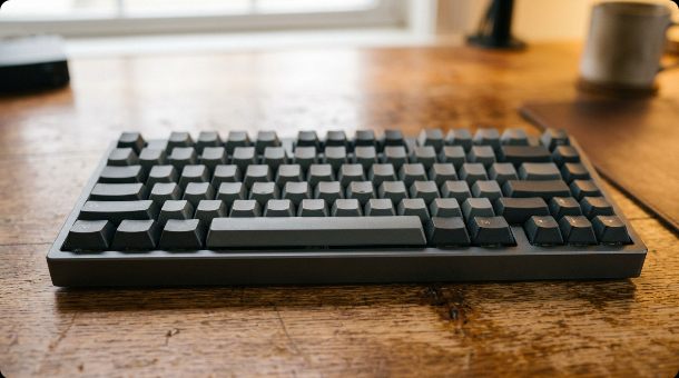 A mechanical keyboard on a wooden desk with warm side lighting, keycaps in sharp focus