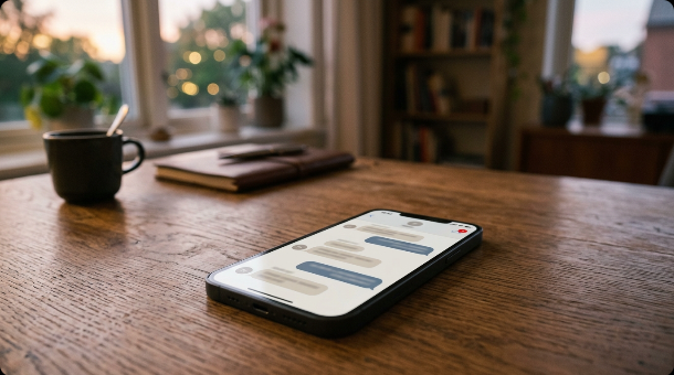 A smartphone lying on a desk showing a generic messaging app with abstract chat bubbles, evening lighting