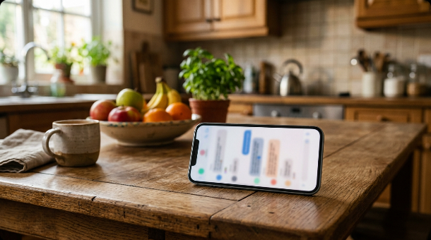 A smartphone on a kitchen table showing a generic group chat with abstract message bubbles, warm home kitchen in the background