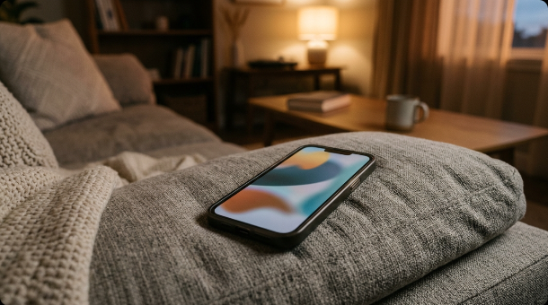 A smartphone lying on a couch cushion showing a blurred abstract vertical video feed, cozy evening living room