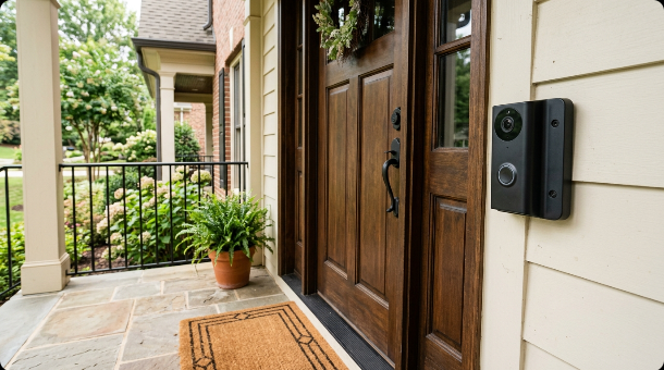 A smart doorbell camera mounted beside a wooden front door with a potted plant and welcome mat