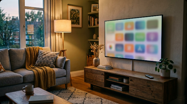 A television screen showing a blurred grid of colorful abstract streaming app tiles in a cozy living room