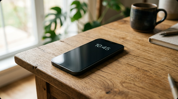 A smartphone with a plain dark lock screen showing only the time, lying face up on a wooden desk