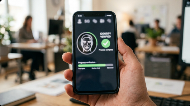 A hand holding a smartphone showing a generic identity verification app screen with a face outline and checkmark