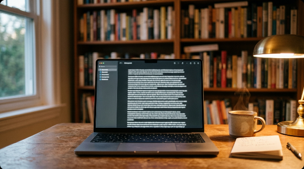 Laptop screen displaying a text-editing interface with a bookshelf and warm lamp light in the background