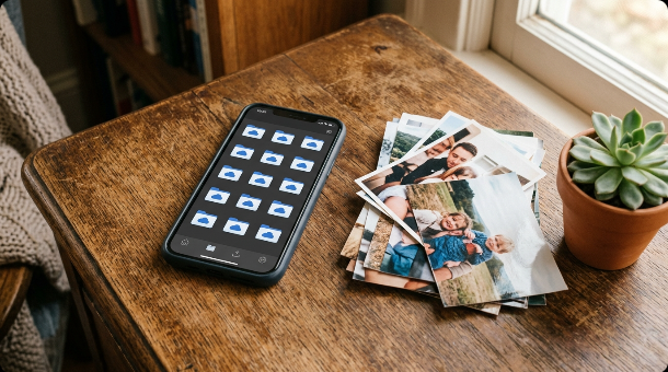 A smartphone displaying a grid of cloud storage folder icons resting on a desk next to printed family photographs