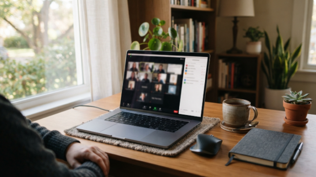 Home office desk with a laptop showing a video call and an AI meeting summary panel