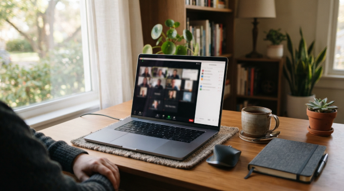 Home office desk with a laptop showing a video call and an AI meeting summary panel