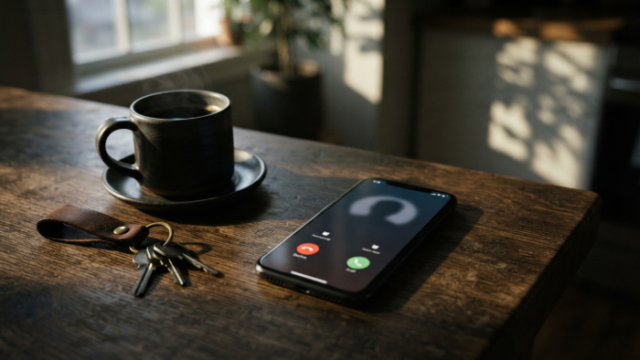 Smartphone on a kitchen table showing an incoming call from an unknown caller