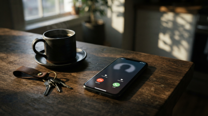 Smartphone on a kitchen table showing an incoming call from an unknown caller