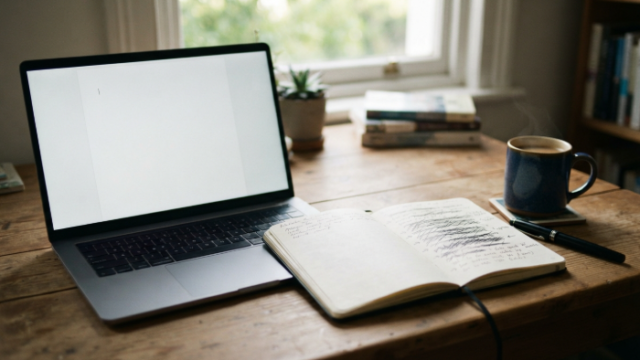Writer desk with a laptop showing a blank page and a notebook of crossed-out draft lines