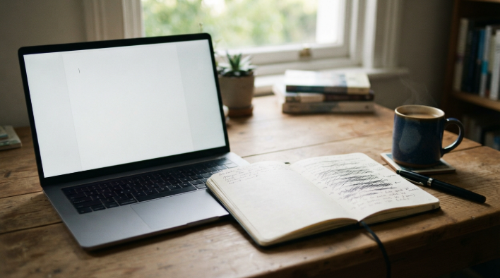 Writer desk with a laptop showing a blank page and a notebook of crossed-out draft lines