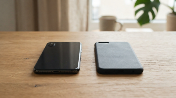 A premium smartphone and a budget smartphone side by side on a wooden table