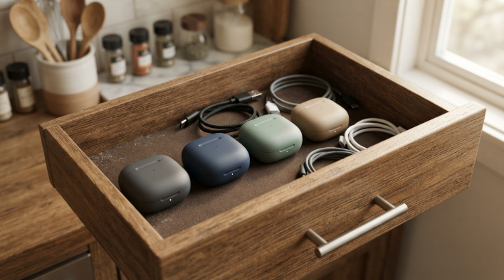 Kitchen drawer holding several pairs of old wireless earbud cases and cables