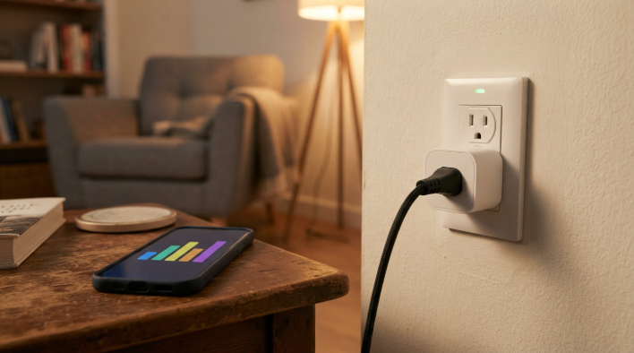Smart plug in a wall socket with an energy usage chart on a phone nearby
