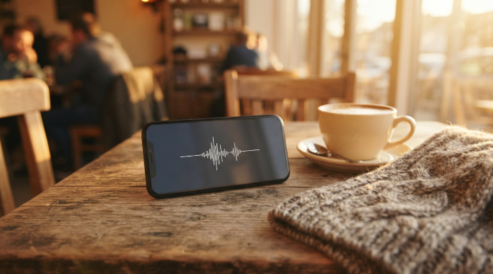 Smartphone on a cafe table showing a voice note sound wave