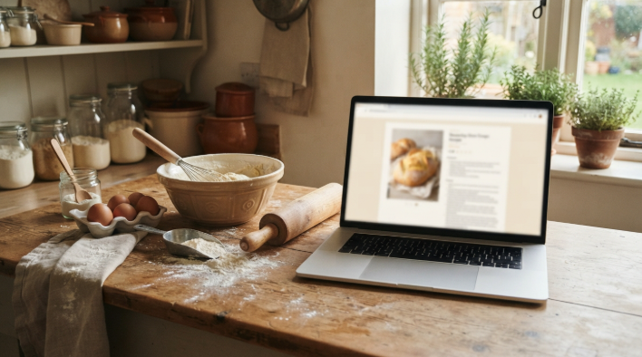 Laptop showing a recipe page on a kitchen counter with baking ingredients