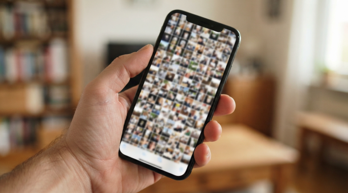 Hand holding a smartphone full of screenshot thumbnails