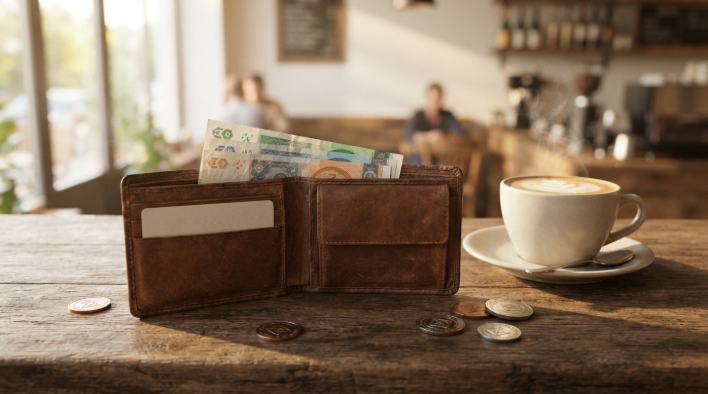 Leather wallet with cash and coins next to a cappuccino on a cafe counter